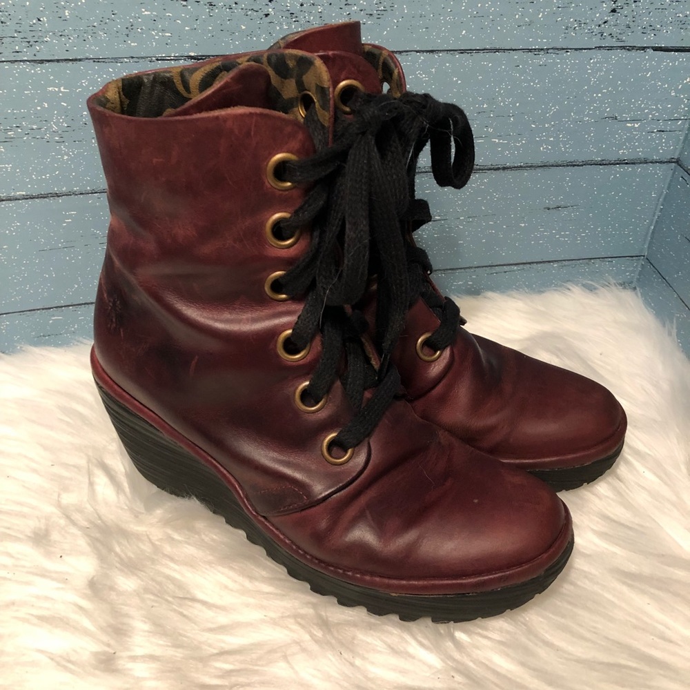 Fly London burgundy red leather Moto Ankle Boots